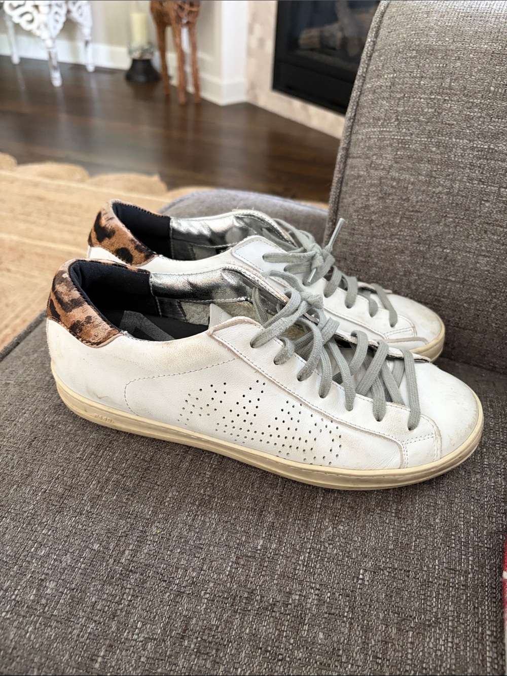 White Leather Sneakers with Leopard Heel Accent size 39 /US 8.5-9